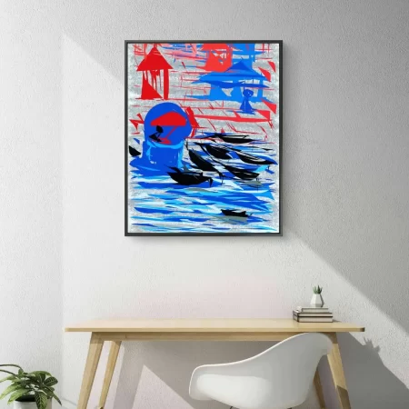 Banaras Ghat Elevated Silhouettes digital artwork featuring layered ghat structures with strong silhouettes and river reflection.