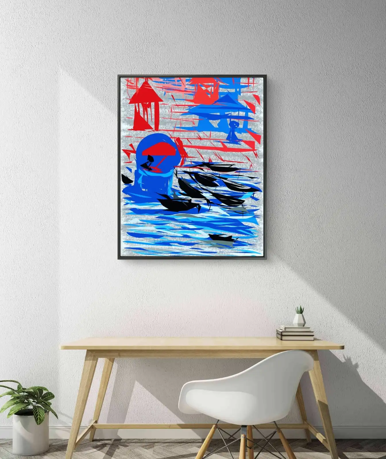 Banaras Ghat Elevated Silhouettes digital artwork featuring layered ghat structures with strong silhouettes and river reflection.