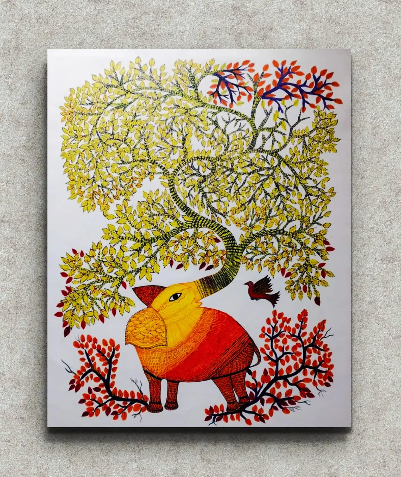 Gond Elephant Tree Guardian painting with elephant trunk forming a tree in colorful Gond tribal style.