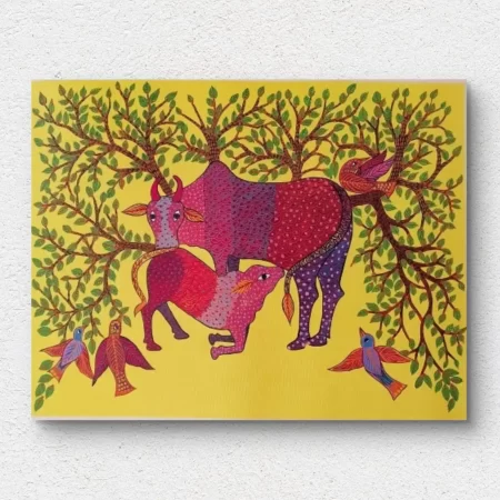Gond Motherly Bond painting of a cow and calf with birds under a leafy tree in traditional Gond art style.