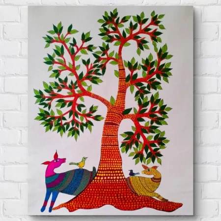 Gond Wild Companions painting showing animals with colorful tribal patterns in traditional Gond folk art style.