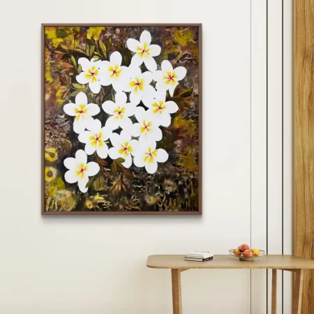 Plumeria Poetry Canvas Print – White Plumeria Blossoms Among Green Leaves Fine Art