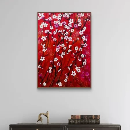 Scarlet Serenade Cherry Blossoms painting with cherry blossoms on scarlet red and purple background, floral acrylic art print on cotton canvas by Sabiha Hasan Sumbul
