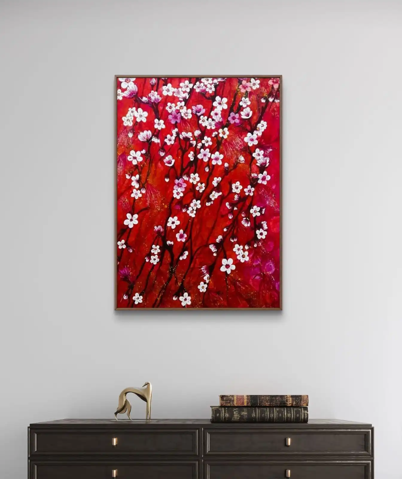 Scarlet Serenade Cherry Blossoms painting with cherry blossoms on scarlet red and purple background, floral acrylic art print on cotton canvas by Sabiha Hasan Sumbul