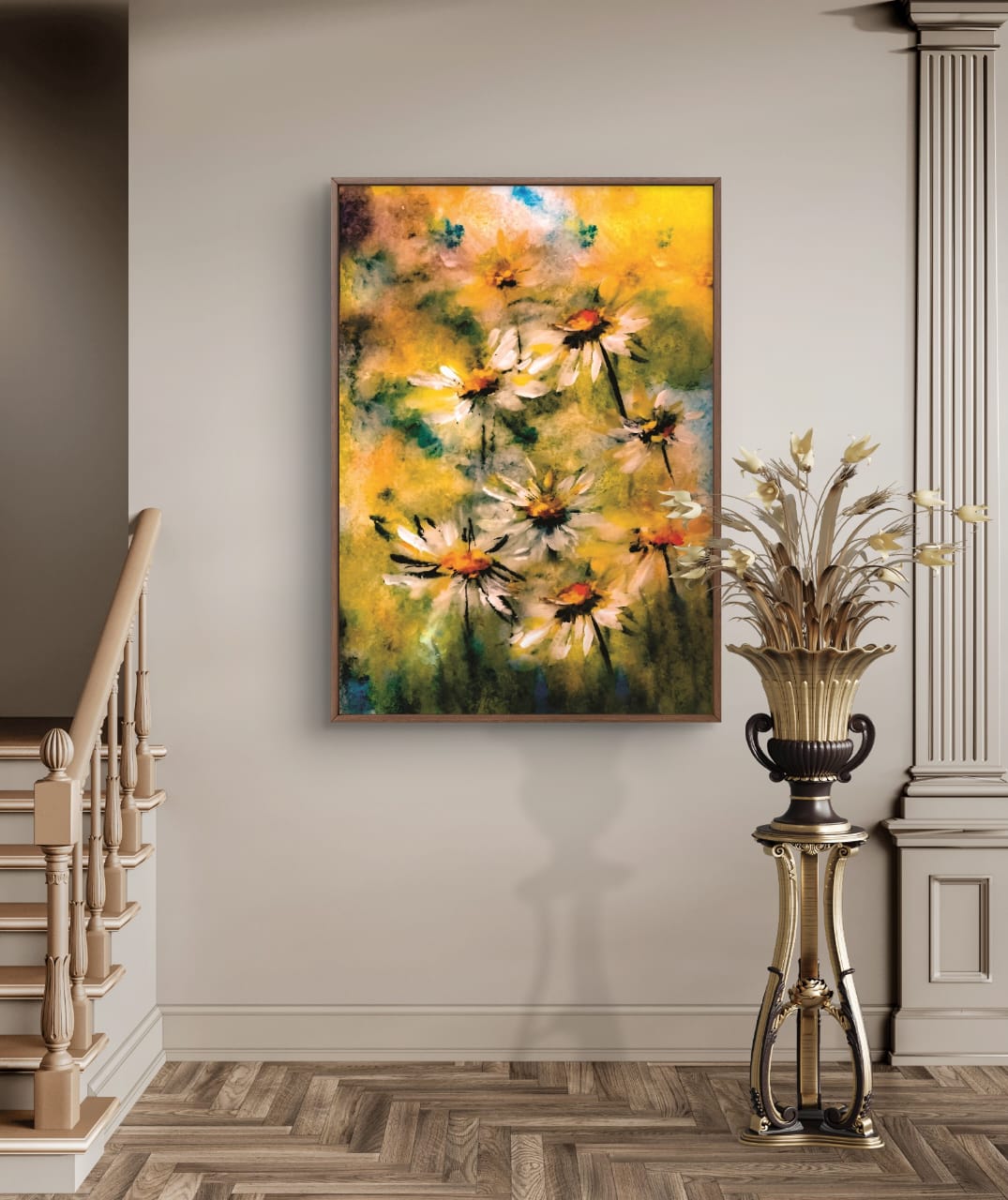Sunlit Dahlia painting floral acrylic fine art print on cotton canvas by artist Sabiha Hasan Sumbul.