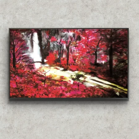 Waterfall in the Forest pink acrylic landscape painting fine art print by artist