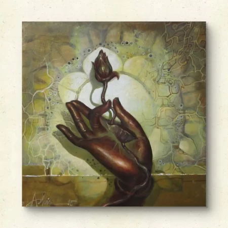 Blessing II acrylic painting 12x12 spiritual hands holding lotus bud with glowing circular background