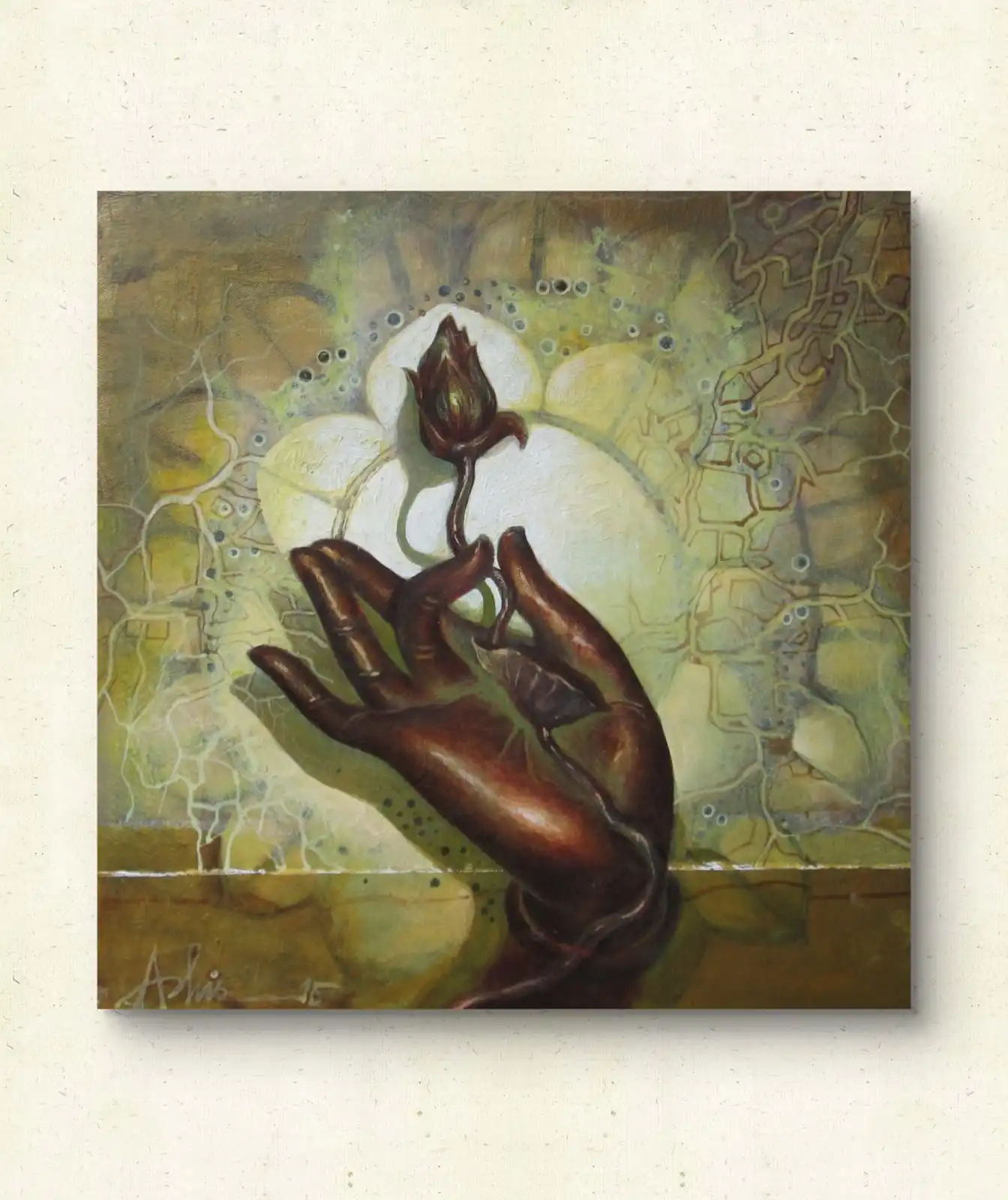 Blessing II acrylic painting 12x12 spiritual hands holding lotus bud with glowing circular background