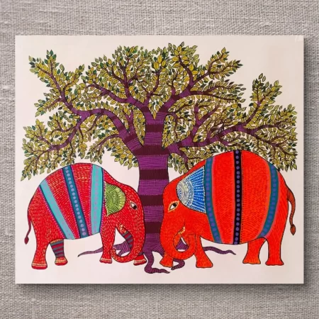 Gond Elephant Harmony painting of two elephants under a tree in traditional Gond tribal art style.