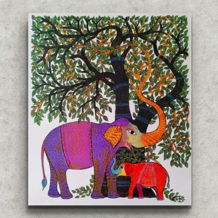 Gond Gentle Giants painting showing two elephants under a tree in traditional Gond tribal art style.