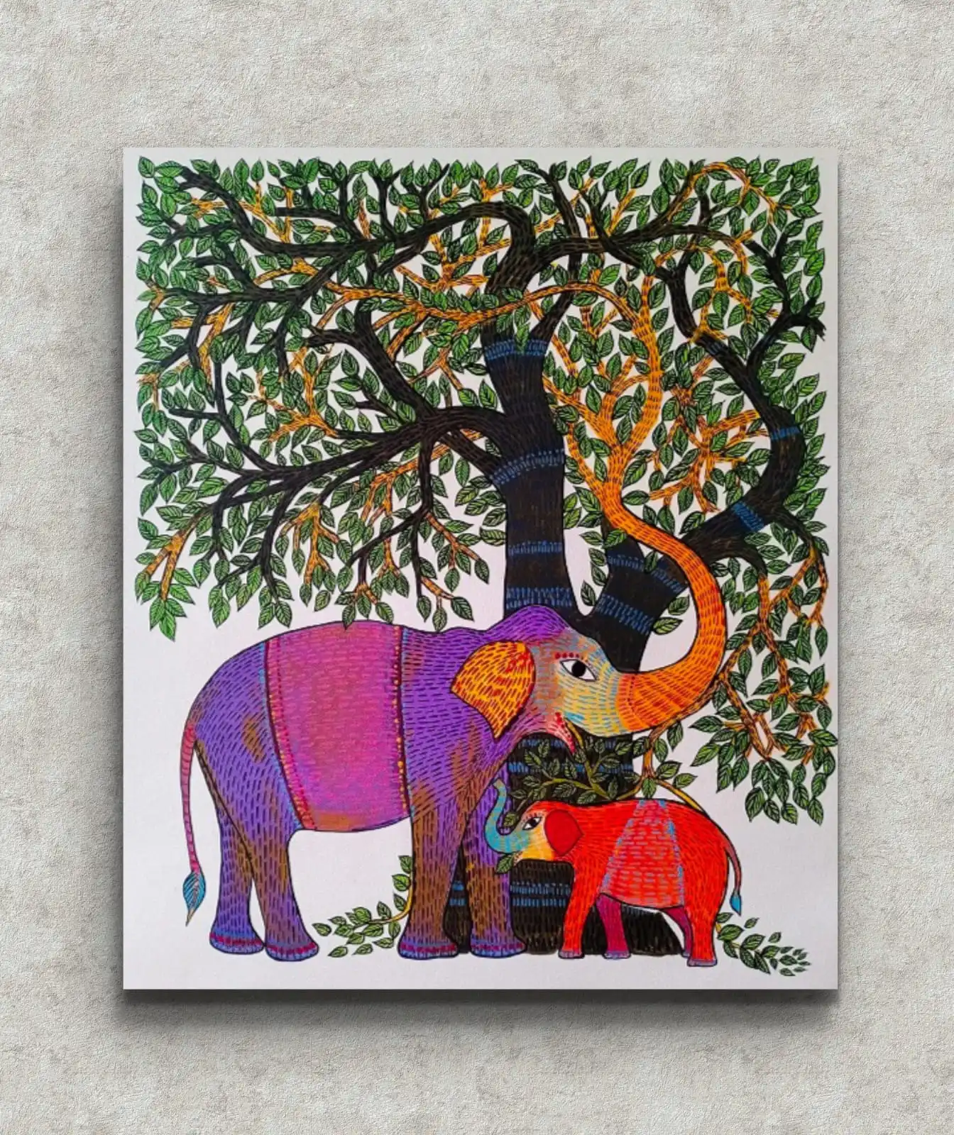 Gond Gentle Giants painting showing two elephants under a tree in traditional Gond tribal art style.