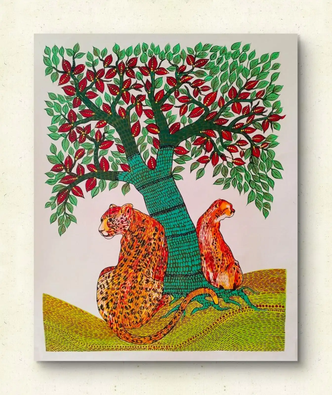 Gond Leopard Harmony painting showing two leopards under a tree in traditional Gond tribal art style.