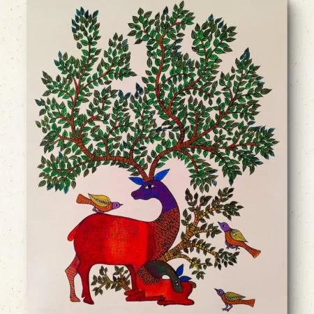 Gond Nature Companions painting showing a deer and birds under a tree in traditional Gond tribal art style.