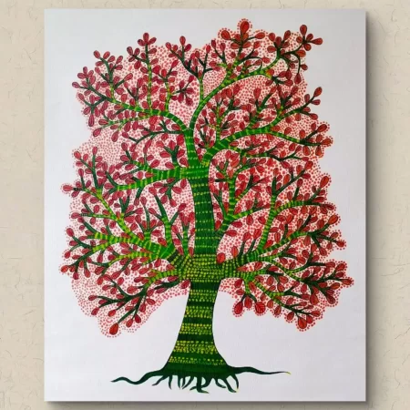 Gond Nature Guardian painting showing a colorful tree with detailed tribal patterns in traditional Gond art style.