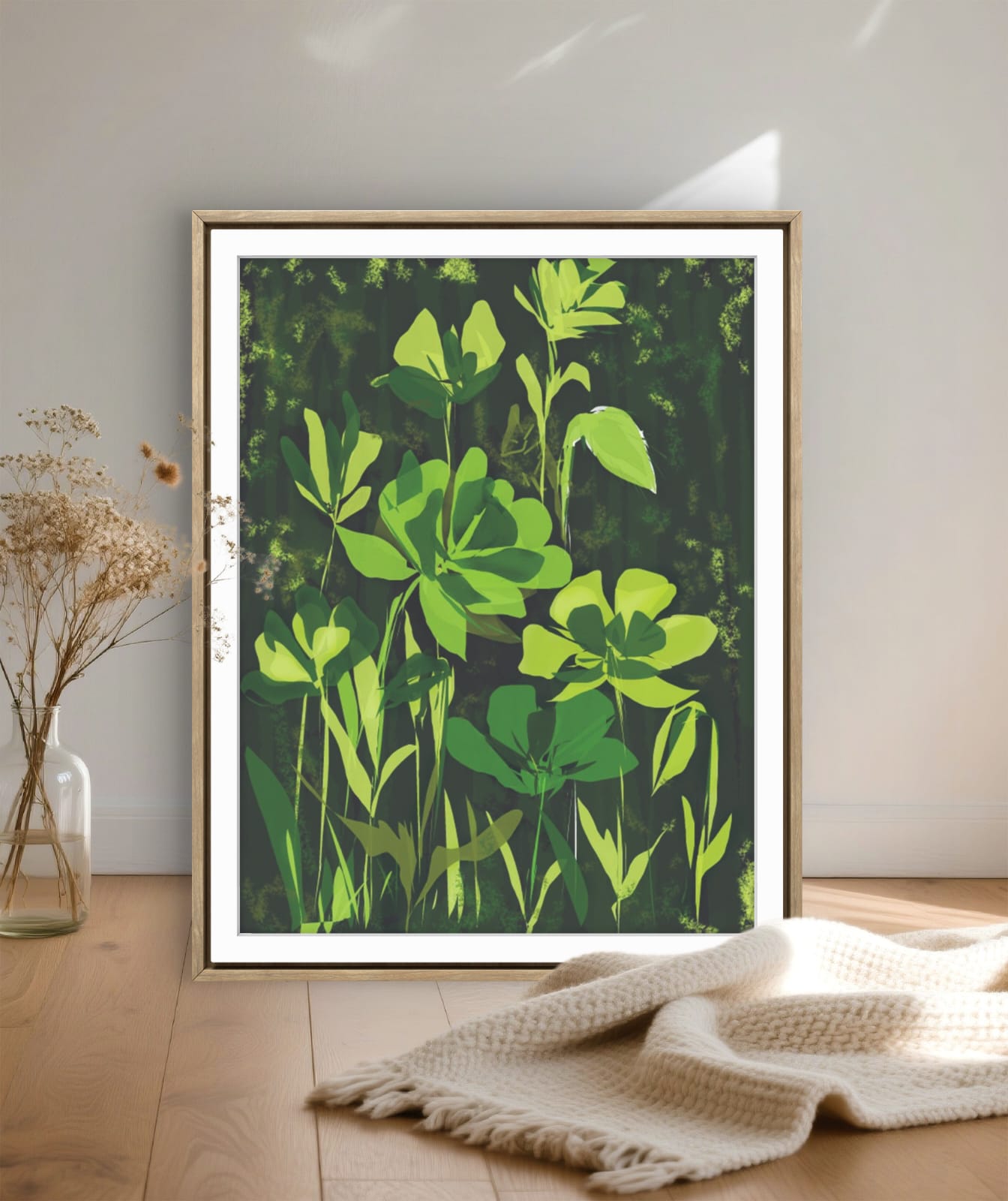Abstract Green Foliage Painting fine art print on cotton canvas, signed by artist, available in framed, gallery wrap, and unframed options.
