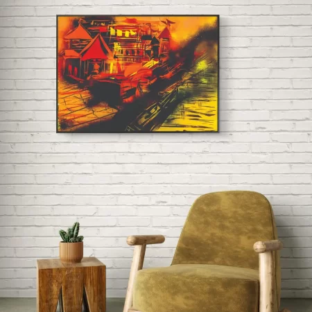 Banaras Ghat Golden Reflections digital artwork showing golden light reflecting on river at Varanasi ghats.