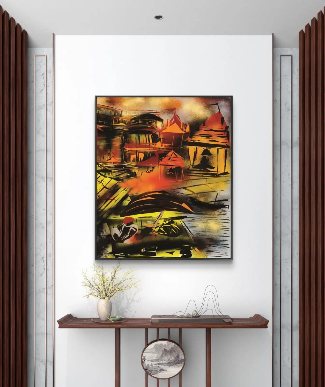 Banaras Ghat Ritual Canopy digital artwork showing priest under canopy at Varanasi riverfront.