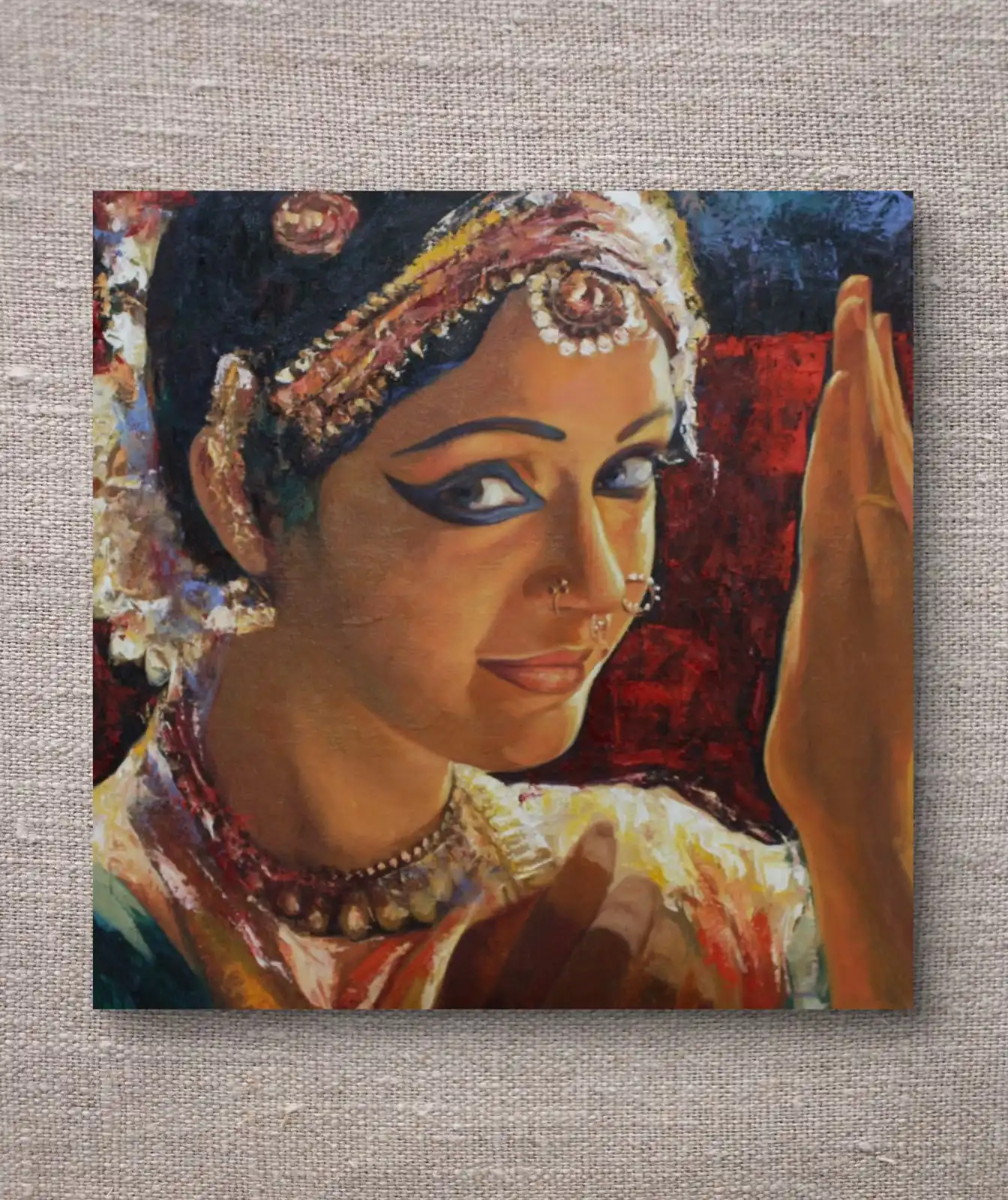 Bharatanatyam VII Oil Painting 20x20 close up Indian classical dancer portrait with red textured background