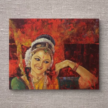 Bharatanatyam V Oil Painting by Ashish Mondal showing Indian classical dancer on red textured background