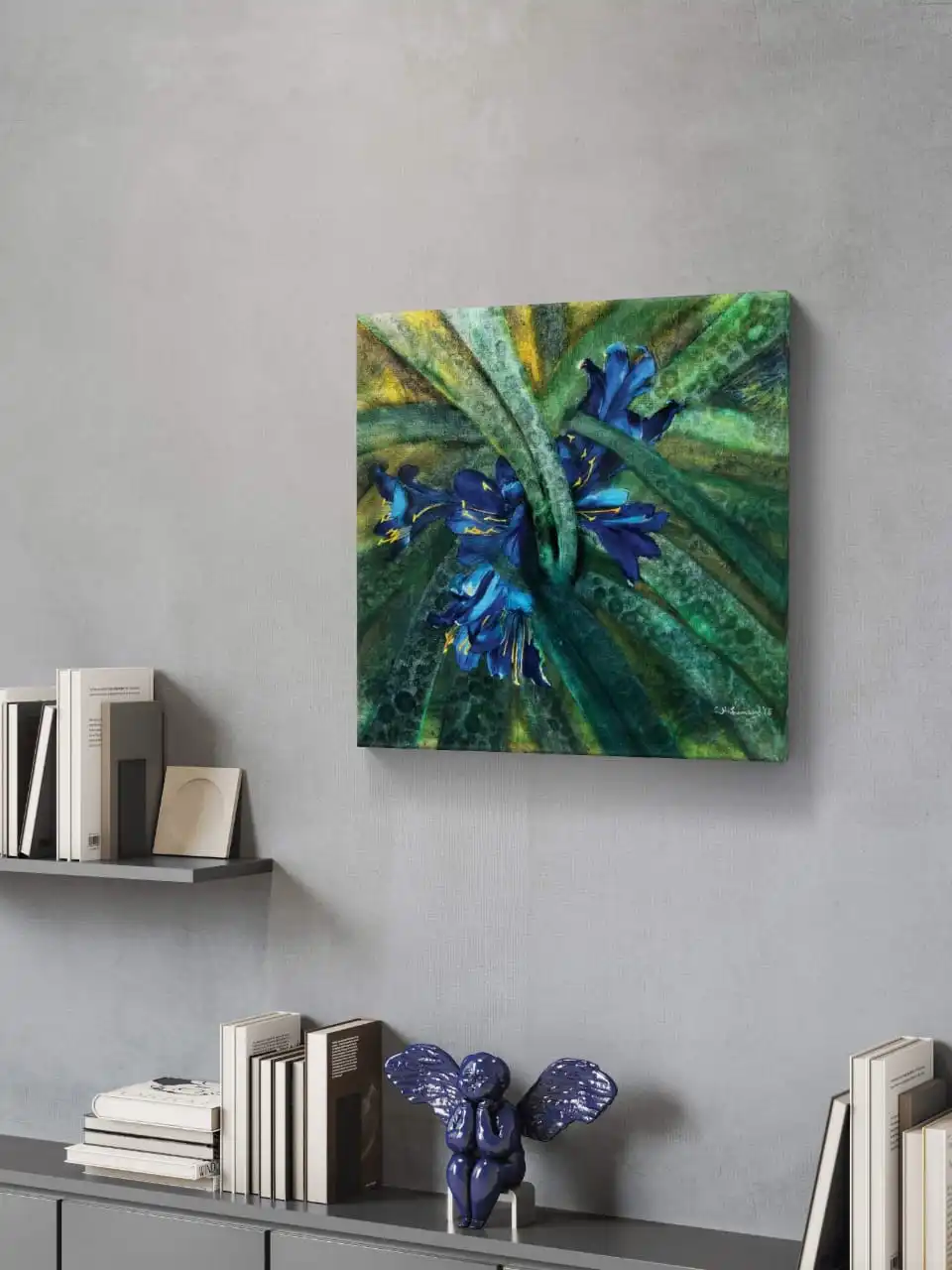 Blooming Bluebells Canvas Painting gallery wrap canvas print with soft blue flowers by Sabiha Hasan Sumbul