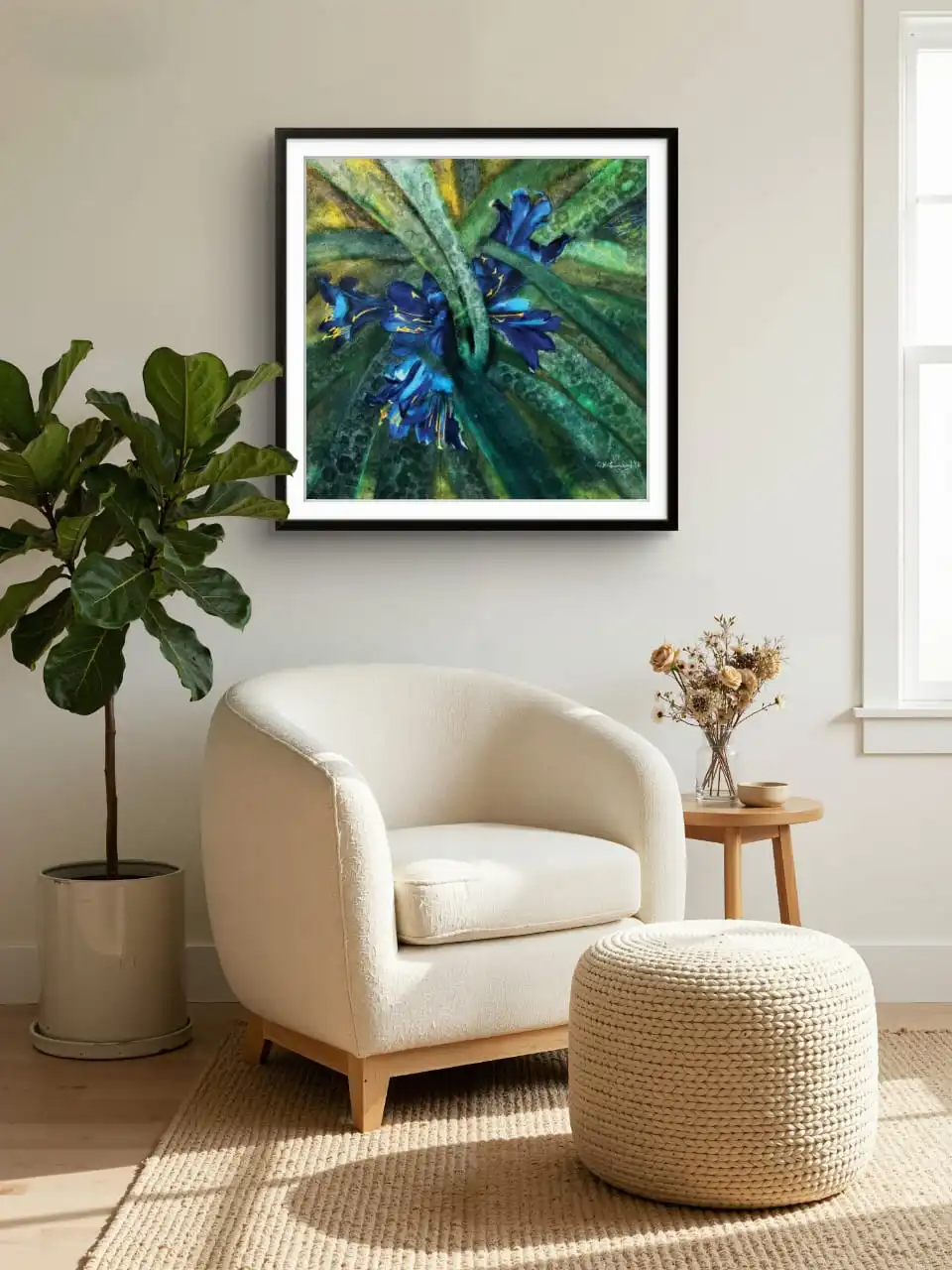 Blooming Bluebells Canvas Painting in classical frame featuring soft blue flowers by Sabiha Hasan Sumbul