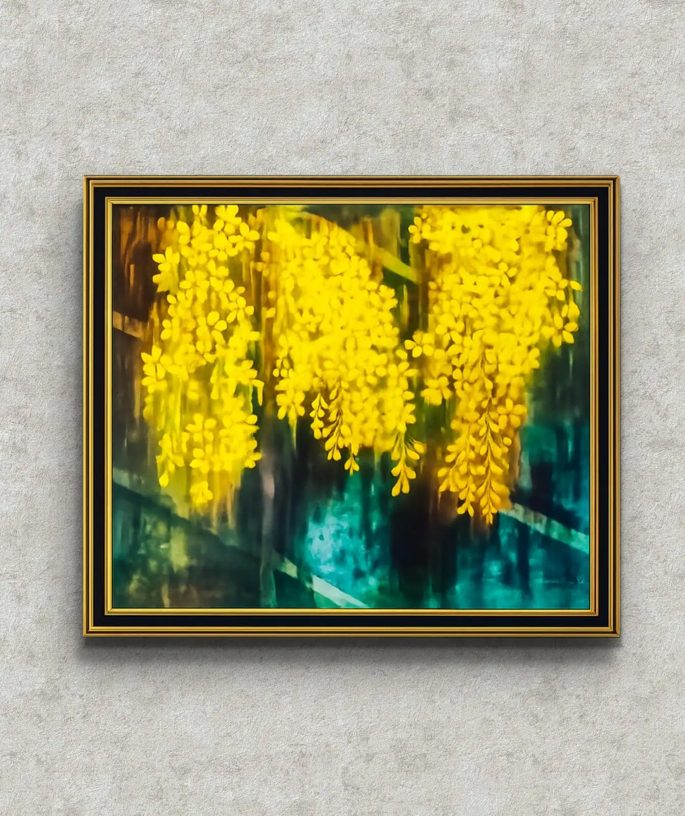 Golden Cassia Flower Painting original acrylic artwork with vibrant yellow cascading blossoms on a deep green background.