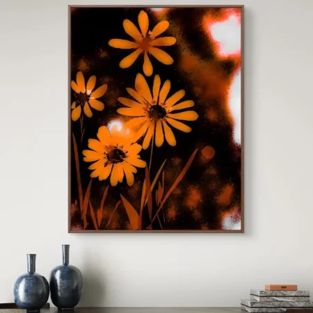 Orange Daisy in Night wall art – modern abstract floral acrylic painting fine art print on cotton canvas, signed by artist