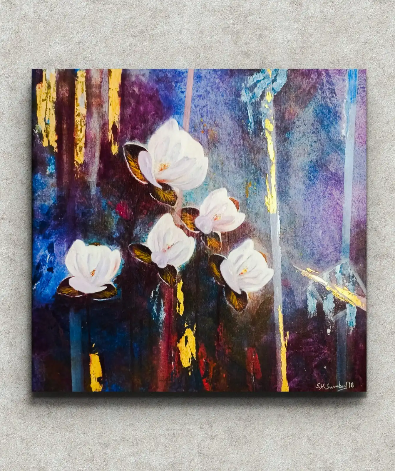 Five Blessed Stars painting original acrylic floral artwork by Sabiha Hasan Sumbul.