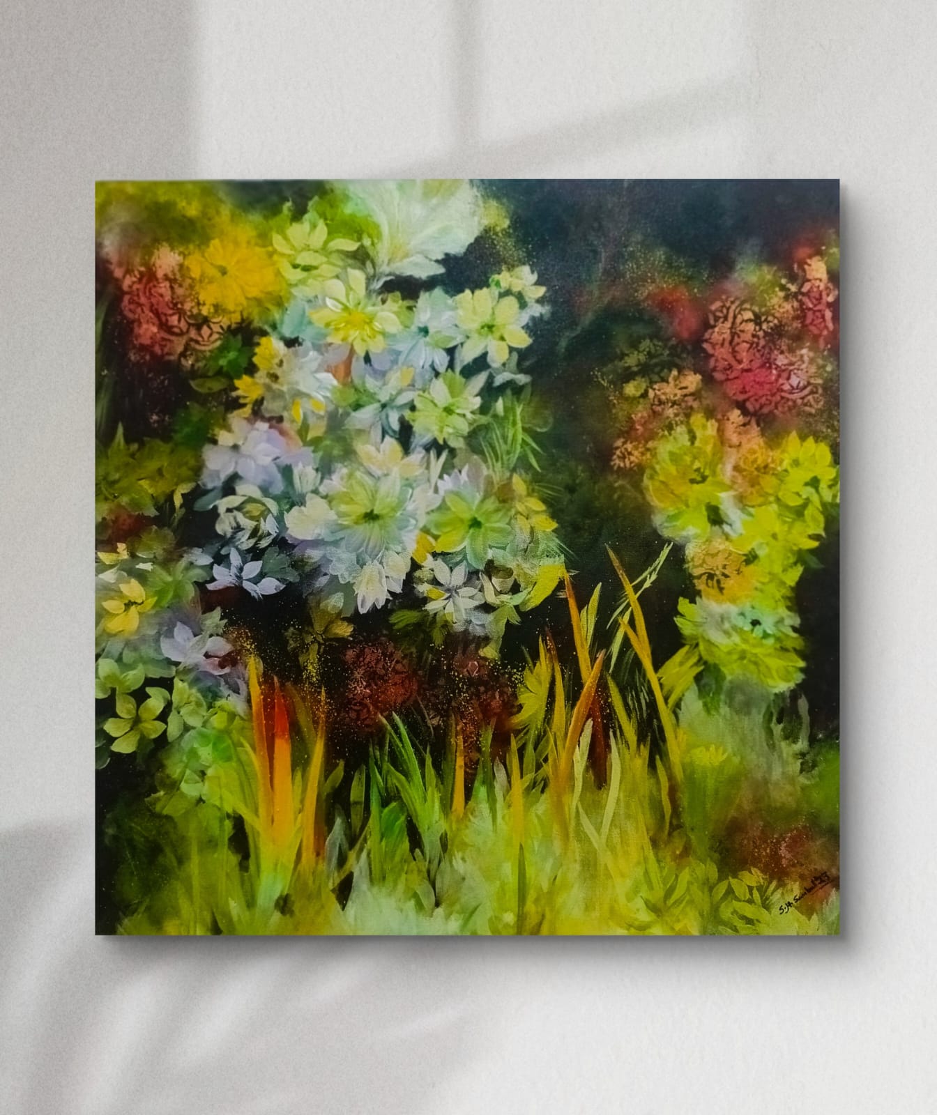 "Original handmade acrylic painting on canvas depicting dark green forest vegetation with dense foliage, abstract freestyle artwork for home or office décor."