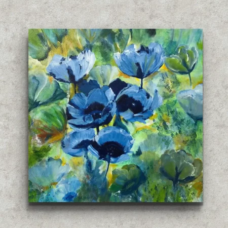 Garden of Blue Poppies original acrylic floral painting with vibrant blue poppy flowers in a green garden.