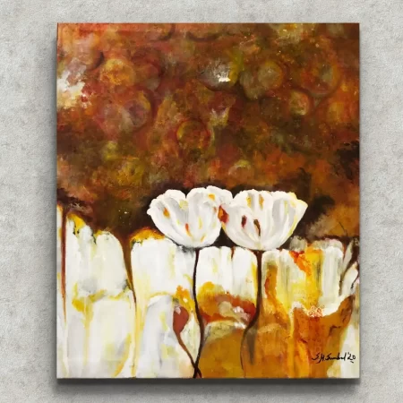 White flower acrylic painting Germination of Happiness by Sabiha Hasan Sumbul with warm abstract background, size 28×32 inches.