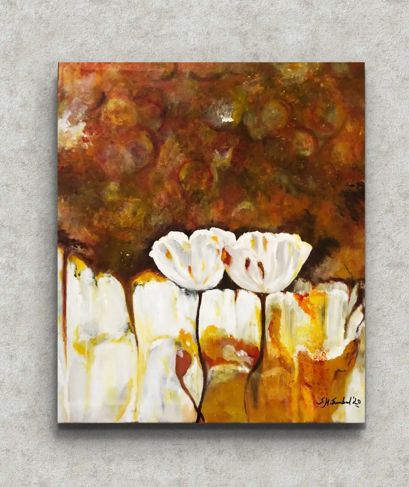 White flower acrylic painting Germination of Happiness by Sabiha Hasan Sumbul with warm abstract background, size 28×32 inches.