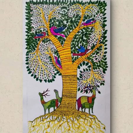 Gond forest life painting with colorful birds on a vibrant tree and deer standing below in traditional tribal folk art.