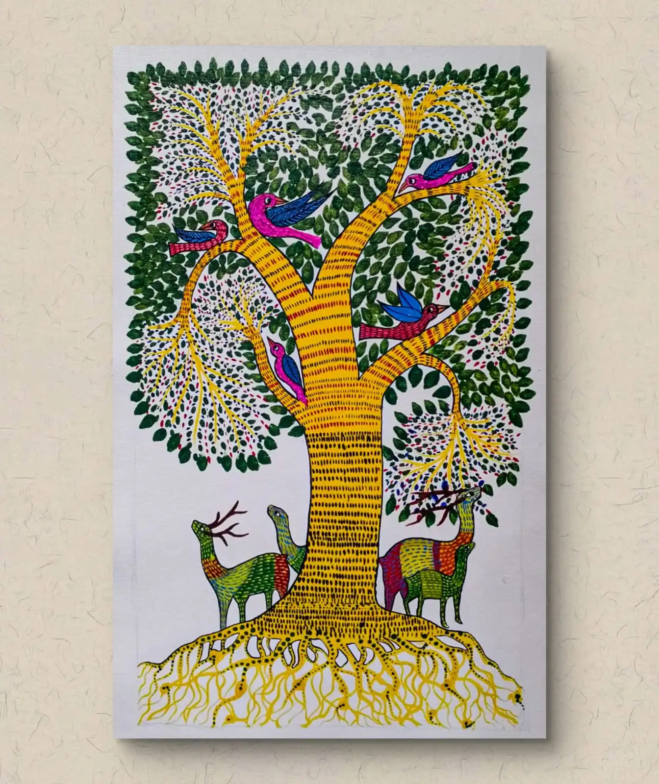Gond forest life painting with colorful birds on a vibrant tree and deer standing below in traditional tribal folk art.