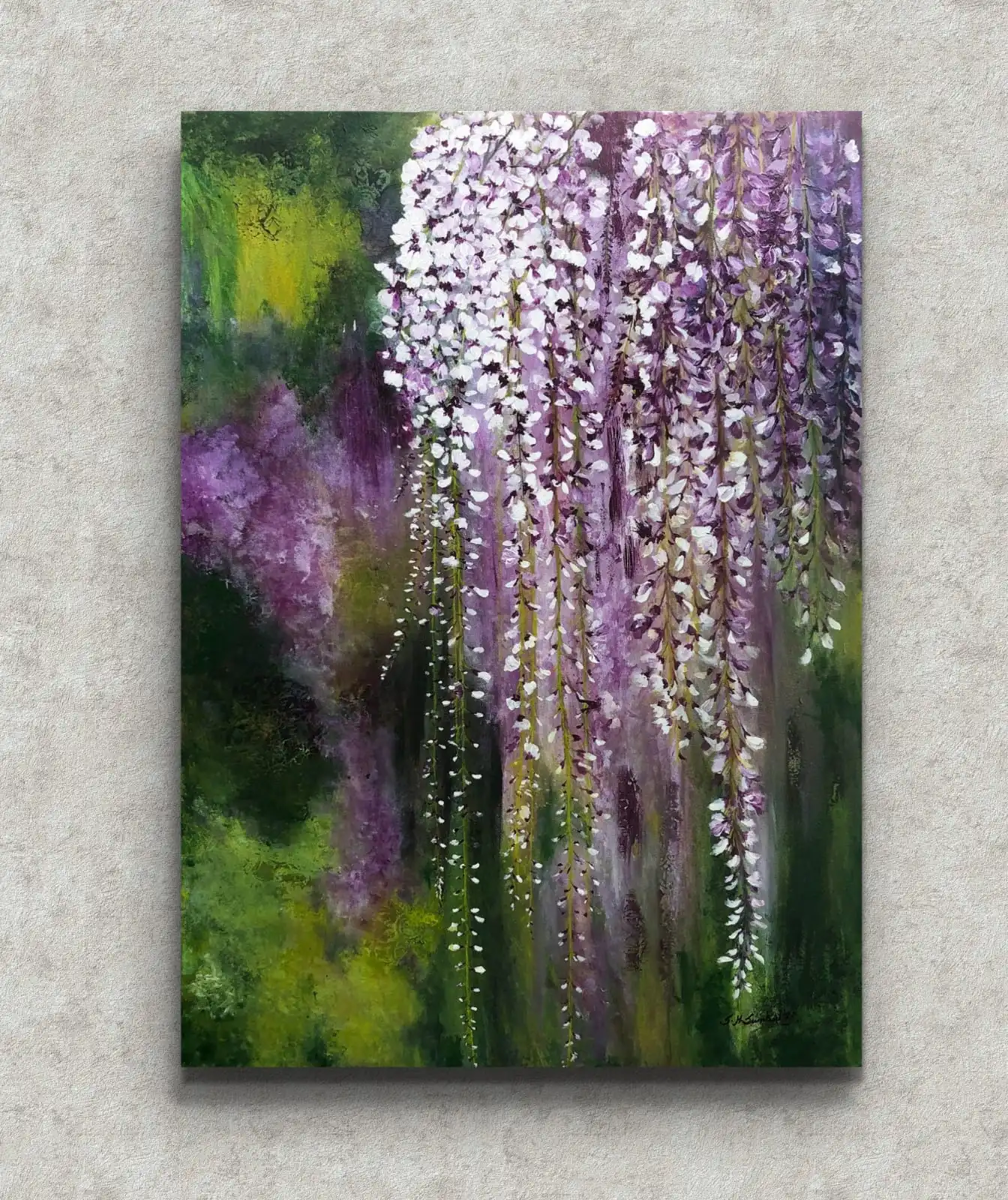 Hanging Wisteria Acrylic Painting with cascading purple wisteria flowers on canvas.