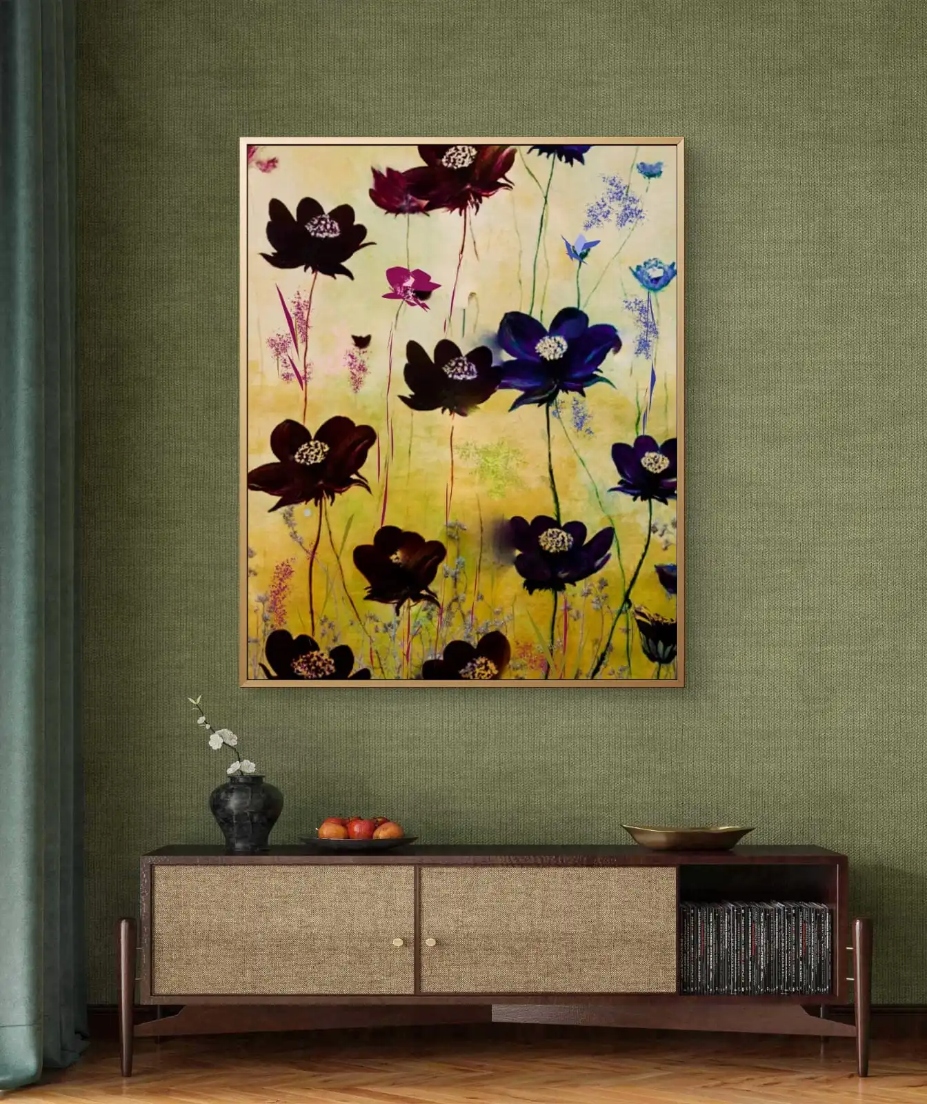 Midnight Blooms floral canvas painting featuring abstract deep purple and blue flowers on a beige background, suitable for home or office décor.