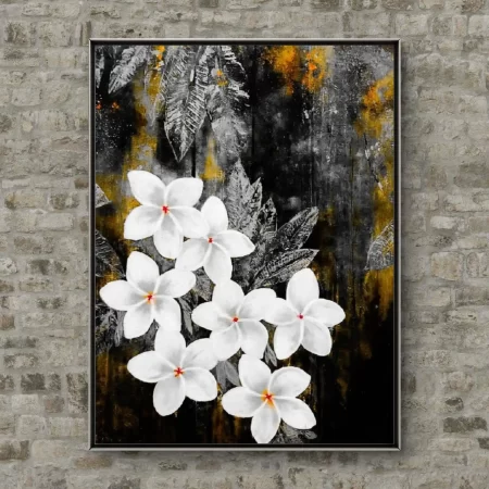 Moonlit Plumeria flower acrylic painting on gray and black canvas background, available framed and unframed