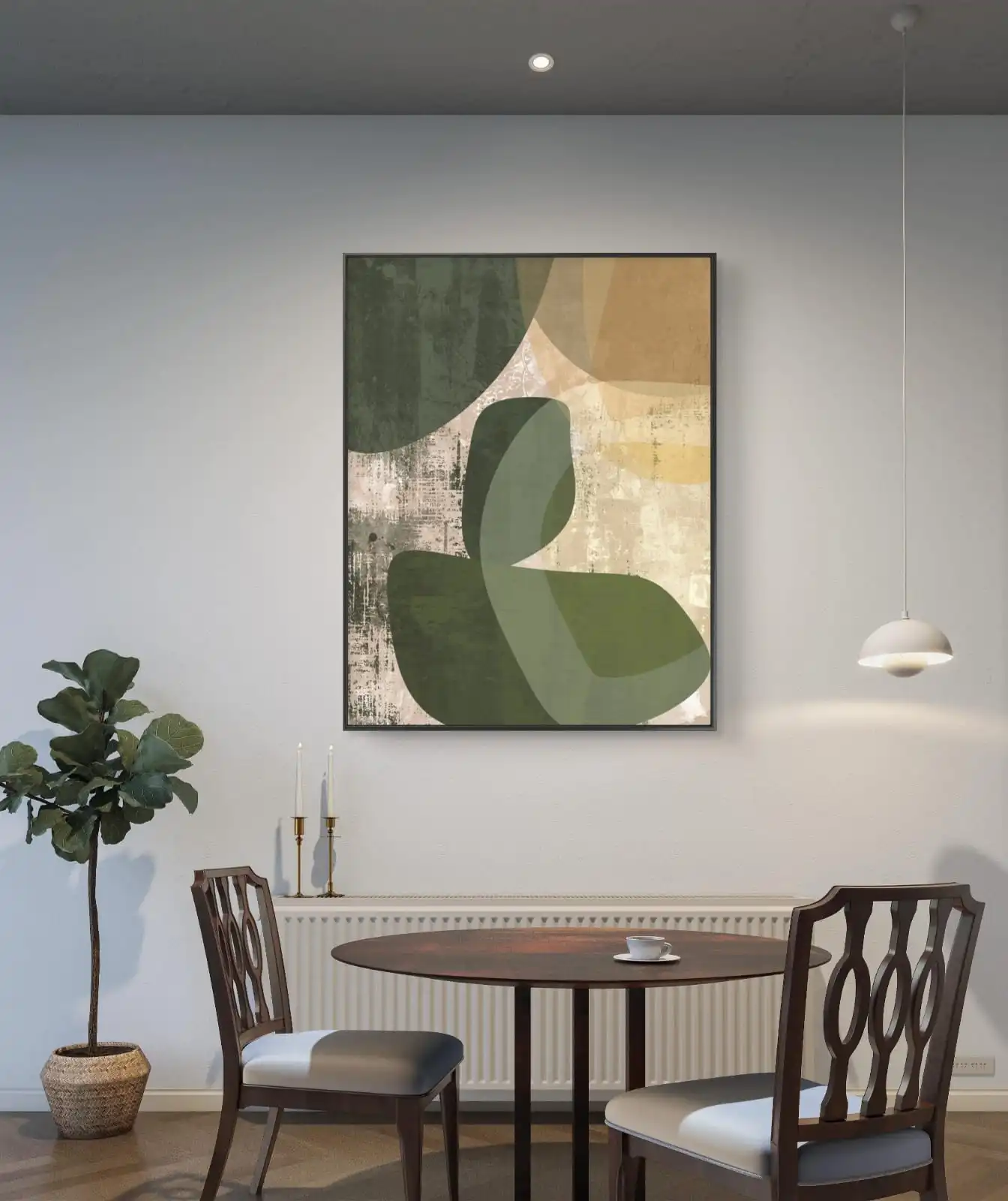 Olive green and beige boho abstract artwork with layered organic shapes and textured earthy background.