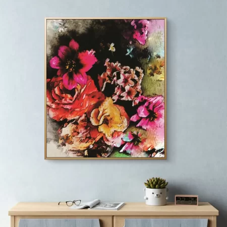 Radiant Peonies – Vibrant floral canvas wall art print with bold pink, orange, and golden peony flowers in expressive style