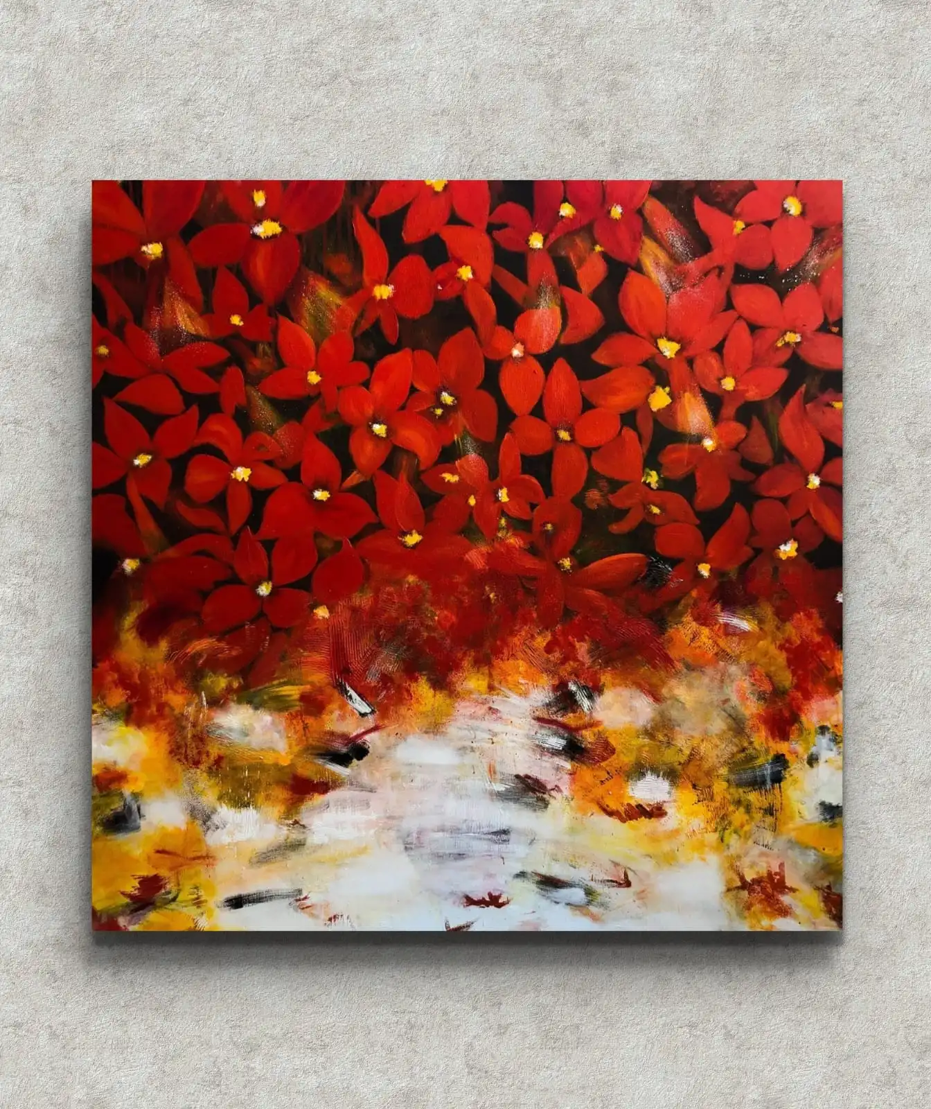 Effort Blossoms into Glory red floral painting with vibrant blooming flowers.