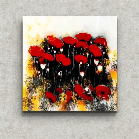 Red Poppies in Bloom acrylic painting with bright red poppy flowers.