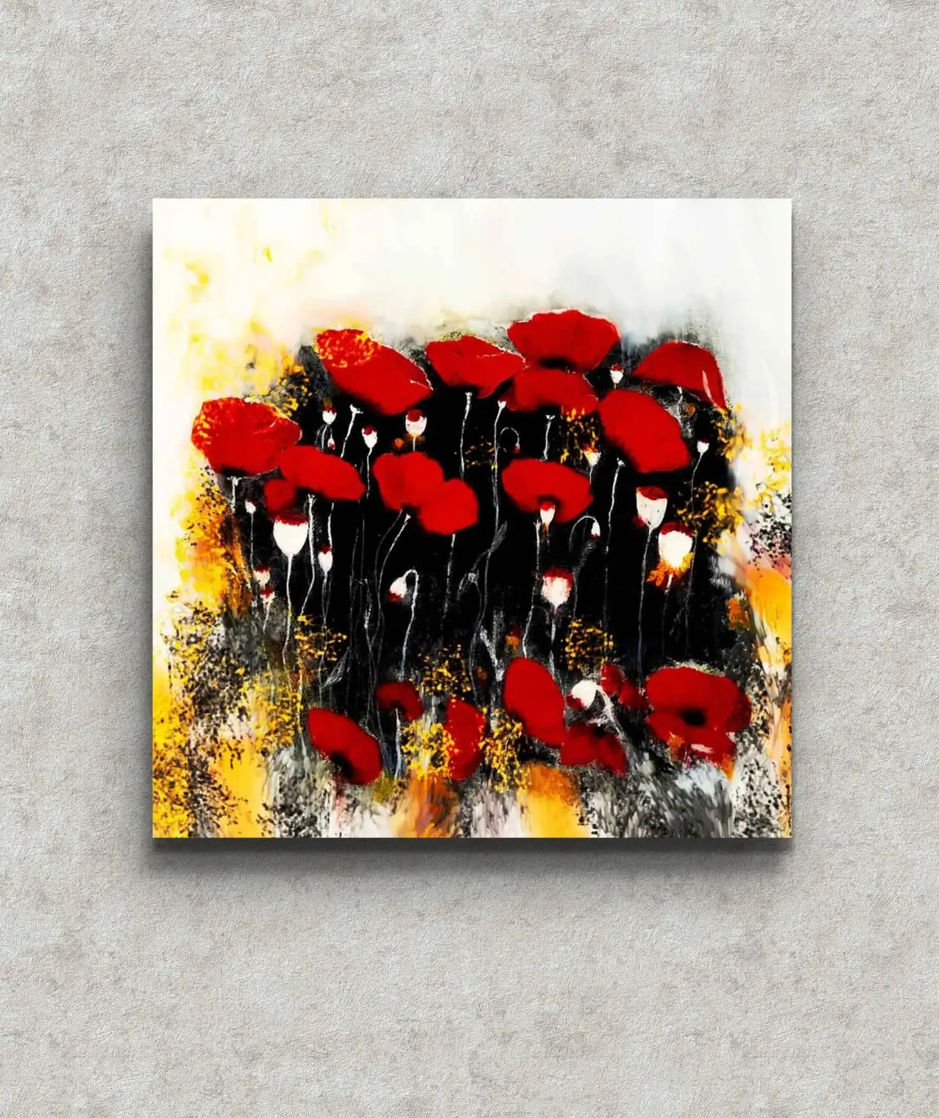 Red Poppies in Bloom acrylic painting with bright red poppy flowers.