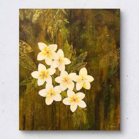Sacred White Plumeria Blooms floral acrylic painting with white plumeria flowers and green leaves.