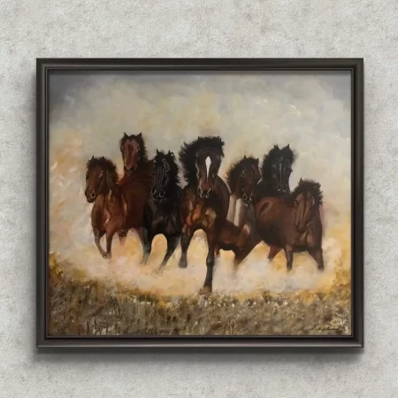 Seven Running Horses Painting original handmade acrylic canvas art showing dynamic horses in motion with bold and vibrant colors