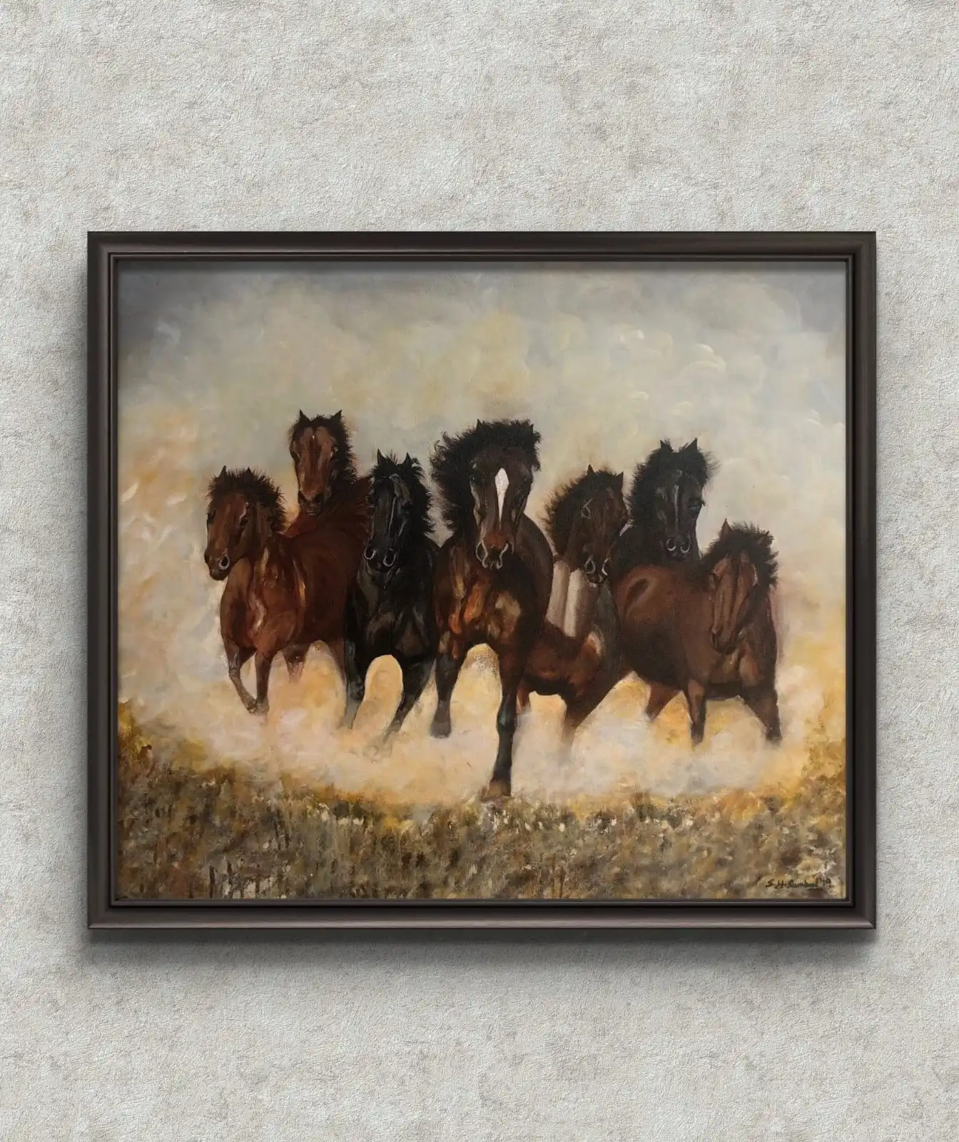 Seven Running Horses Painting original handmade acrylic canvas art showing dynamic horses in motion with bold and vibrant colors