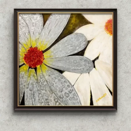 Radiant Daisy in Silver white daisy acrylic painting with golden center textured canvas