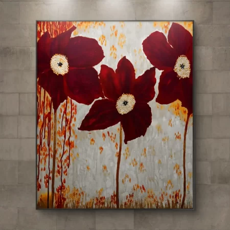Radiant Red Blossoms art with three red poppies on textured canvas