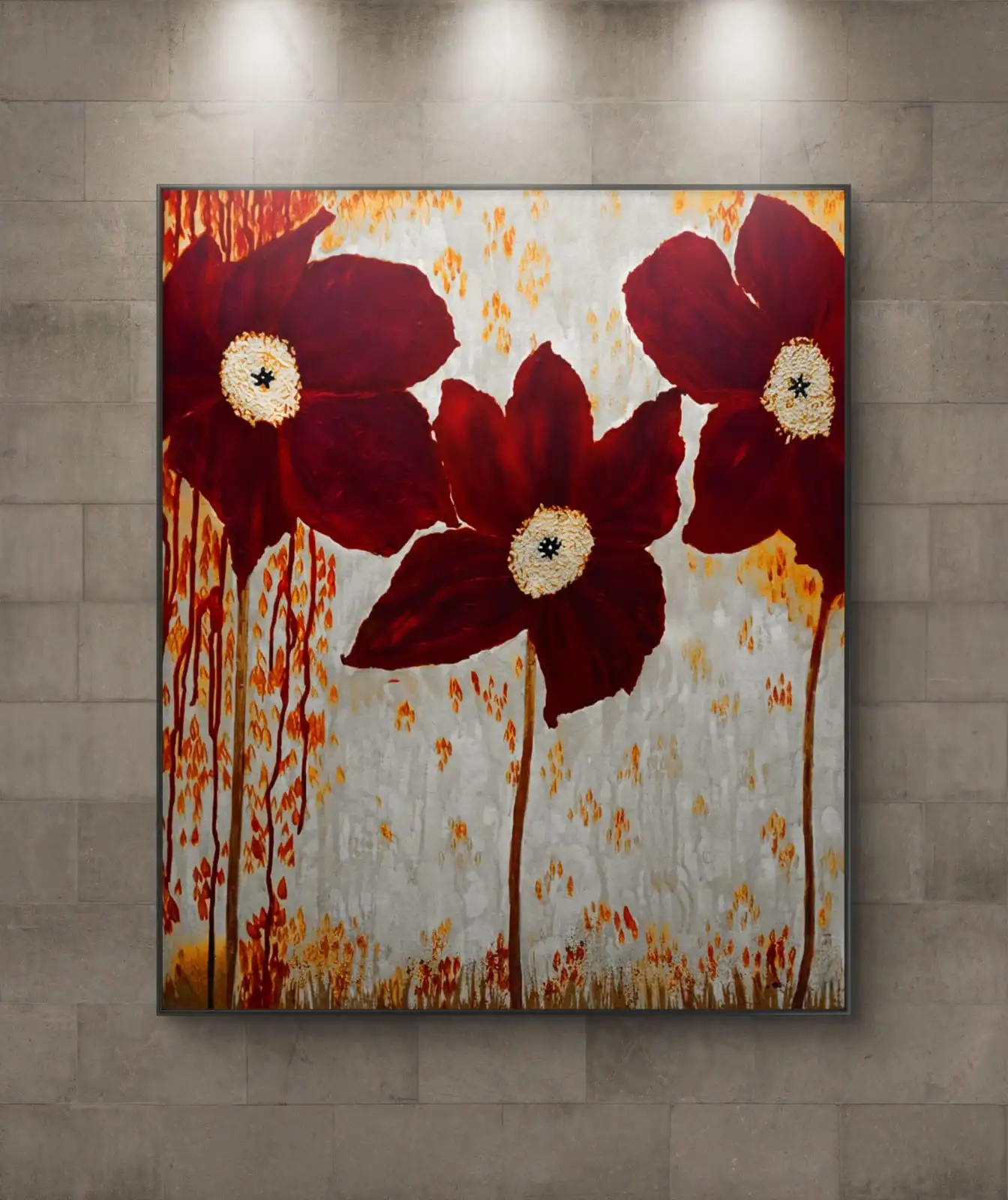 Radiant Red Blossoms art with three red poppies on textured canvas
