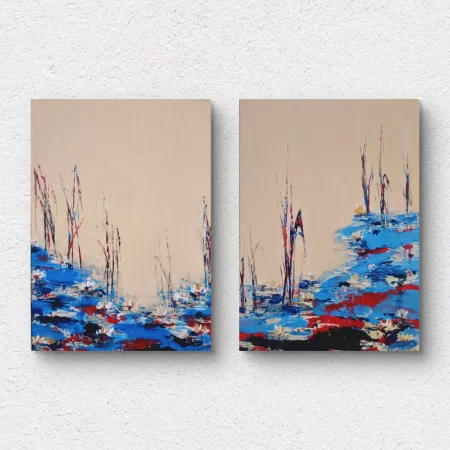 Blue Water Lily Pond – Abstract Paintings Set of Two