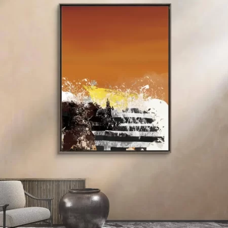 Abstract acrylic painting of a calm river at sunrise with soft orange tones and reflections — Beneath the Still River